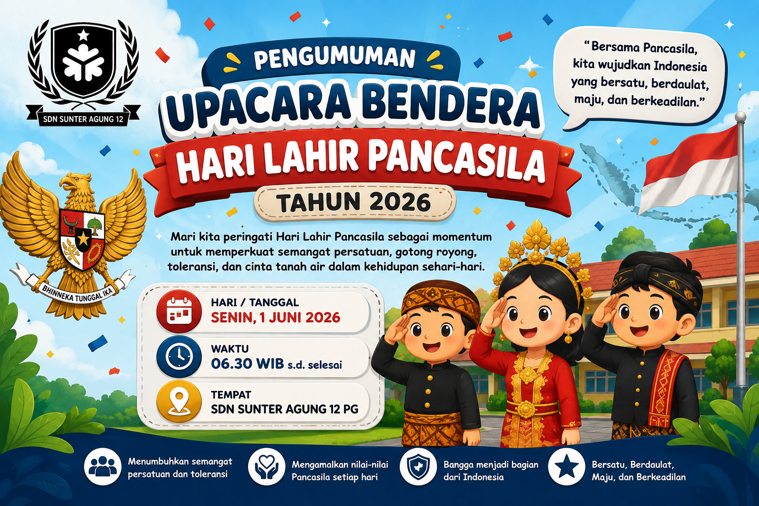 Pengumuman Pelaksanaan Upacara Bendera Hari Lahir Pancasila Tahun 2026 - Pengumuman SDN Sunter Agung 12 PG