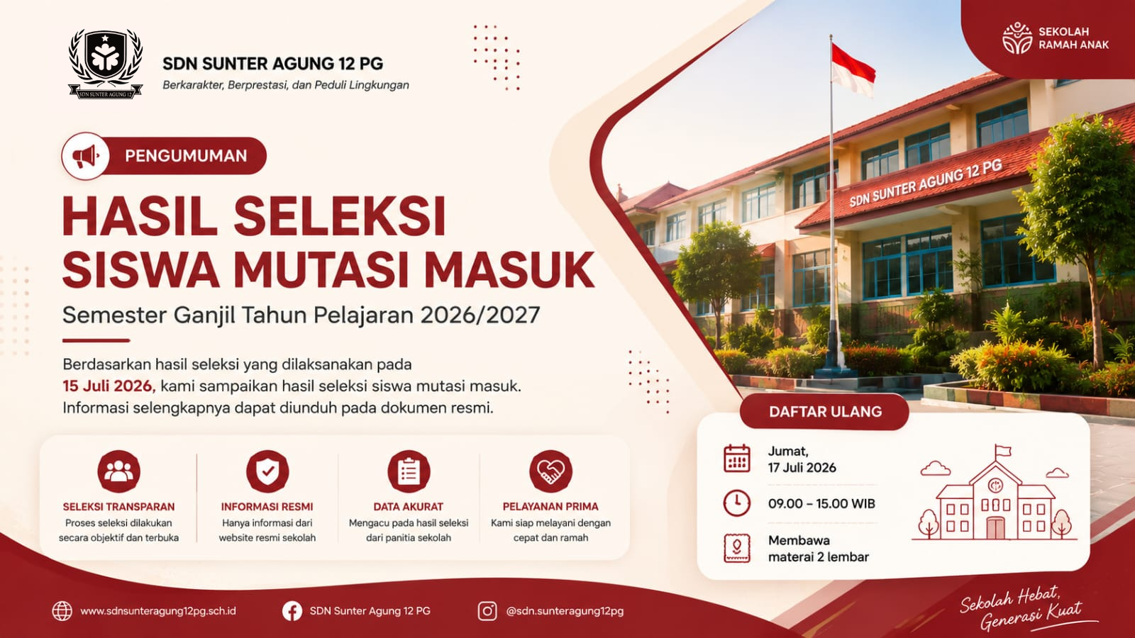Pengumuman Hasil Seleksi Peserta Didik Mutasi Masuk Semester Ganjil Tahun Pelajaran 2026/2027 - Pengumuman SDN Sunter Agung 12 PG